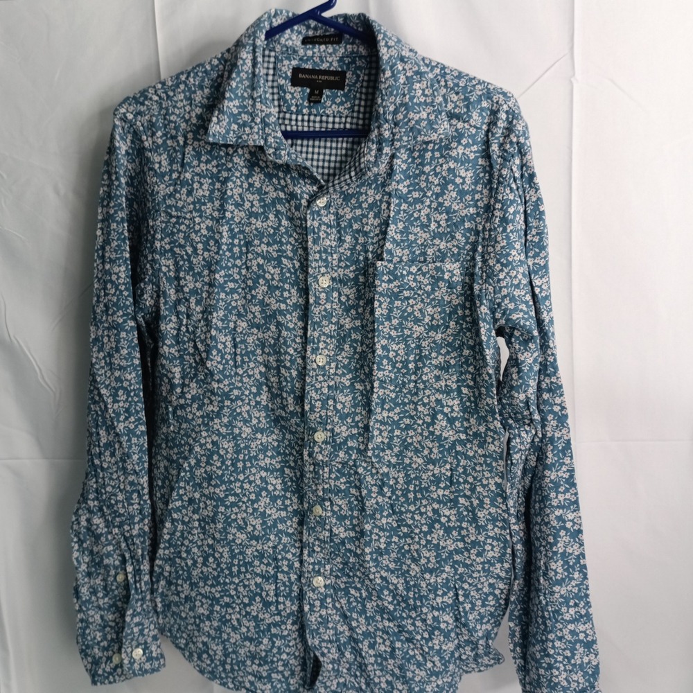 Banana Republic Mens Medium Blue Floral Untucked Fit Long Sleeve Button Down